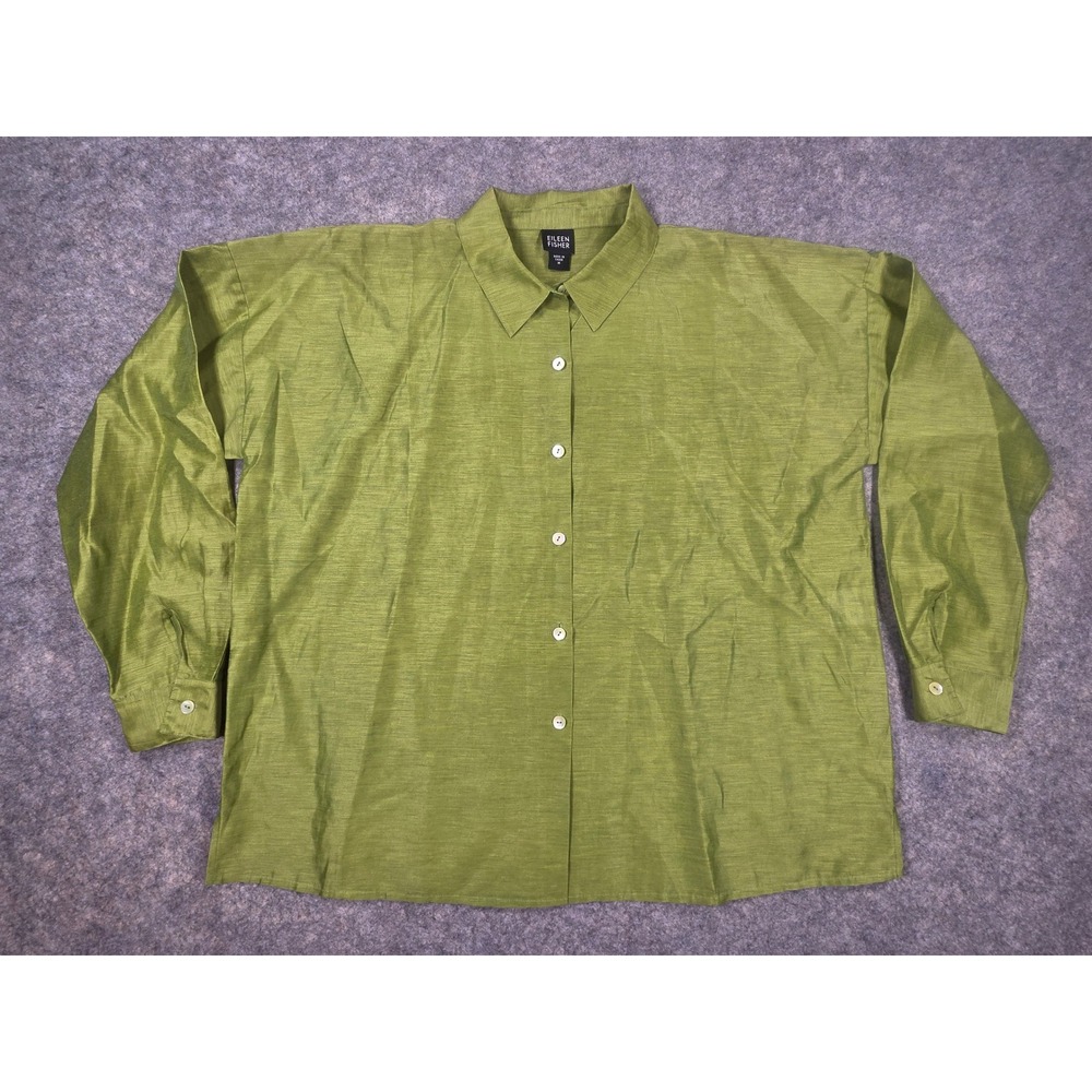 Eileen Fisher Green Linen Blend Button Down Shirt Long Sleeve Blouse Womens M